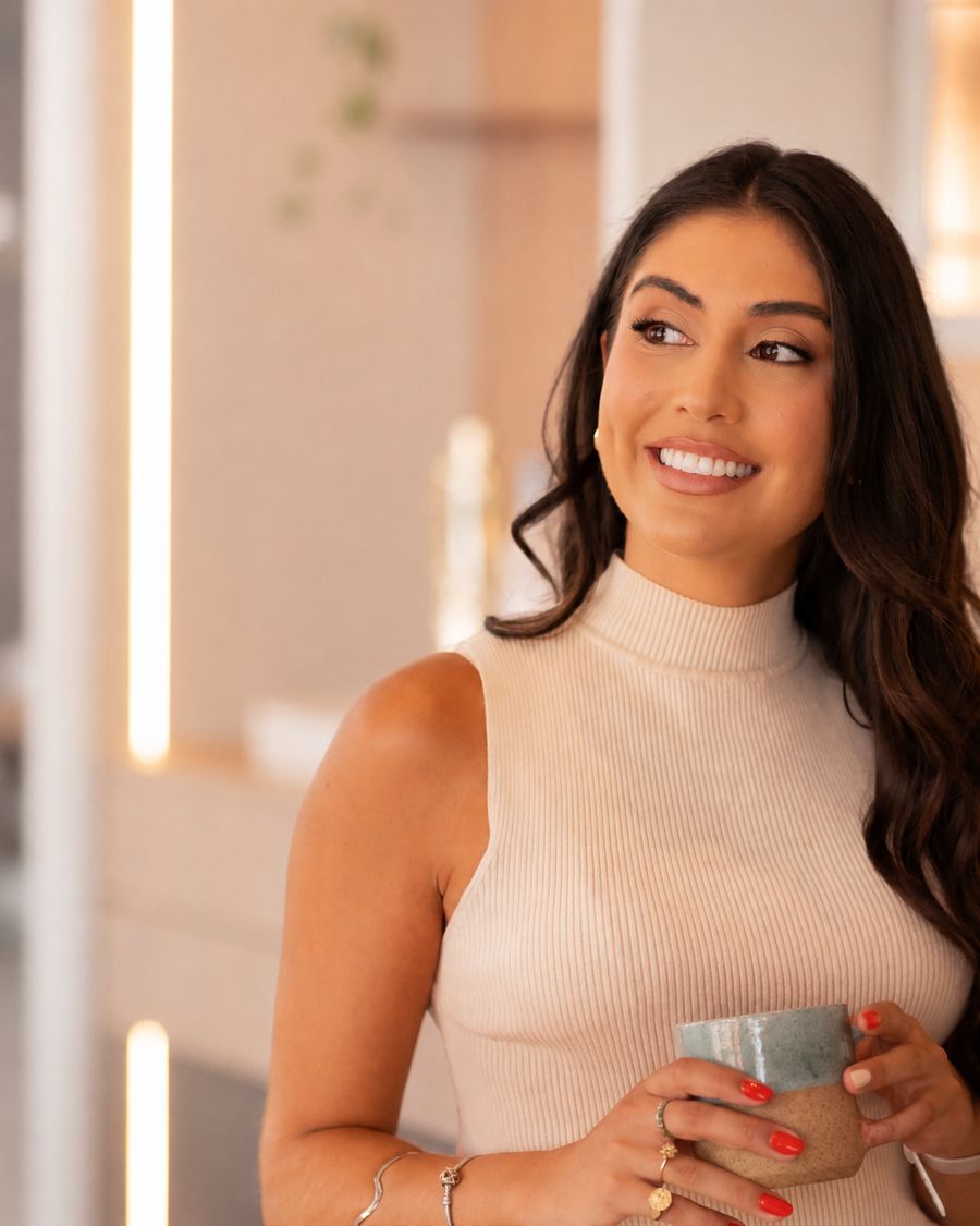 Joana Rodrigues sorrindo, segurando uma caneca