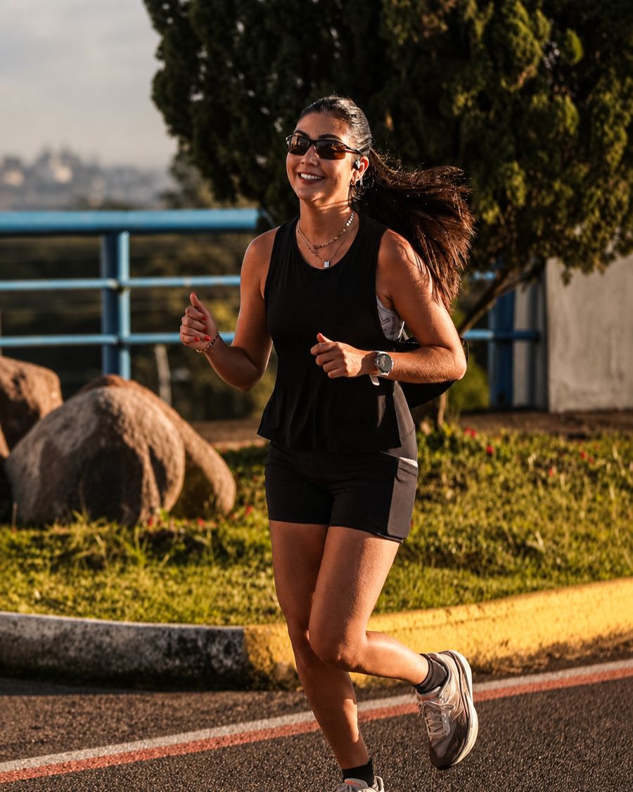 Joana Rodrigues correndo sozinha ao entardecer
